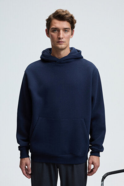 AMOS Men's Soft Fabric 3 Thread Oversize Hooded Kangaroo Pocket Navy Blue Sweatshirt