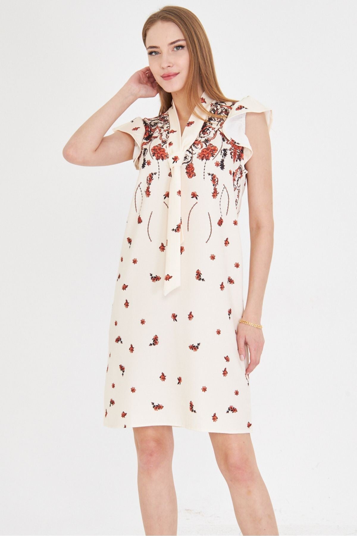 Women's Tile V-Neck Sleeves Frilly Tie Detailed Dress ARM-25Y001023