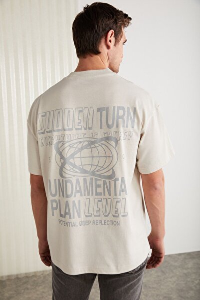 Apolo Men's Back Print Detailed Oversize 100% Organic Cotton Knitted Short Sleeve Stone Color T-shirt