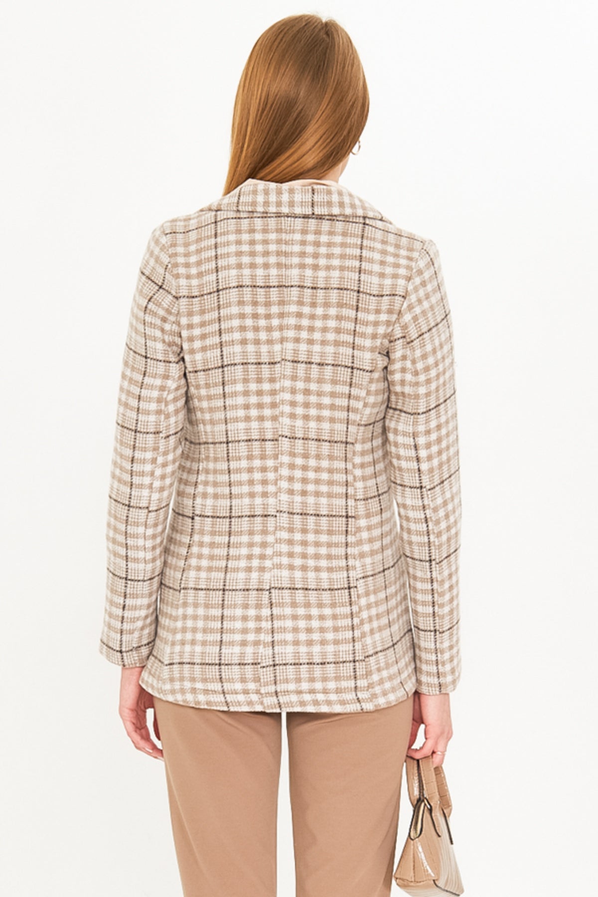 Women's Beige Plaid Pattern Single Button Stash Jacket ARM-25K001083