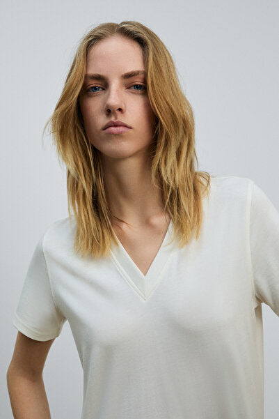 ALINE Women's 100% organic Cotton Deep V-Neck Comfort Fit Ecru T-Shirt