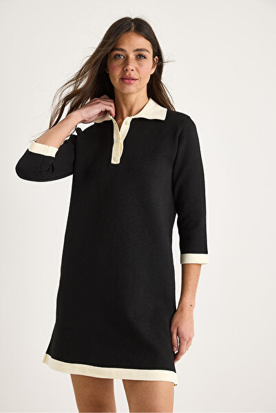 Women's Polo Collar Buttoned Ribbon Detailed Short Comfortable Knitwear Dress 20251042