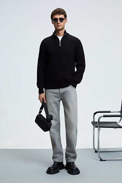 BERNARDO Men's Half Zipper High Collar Knitwear Black Sweater