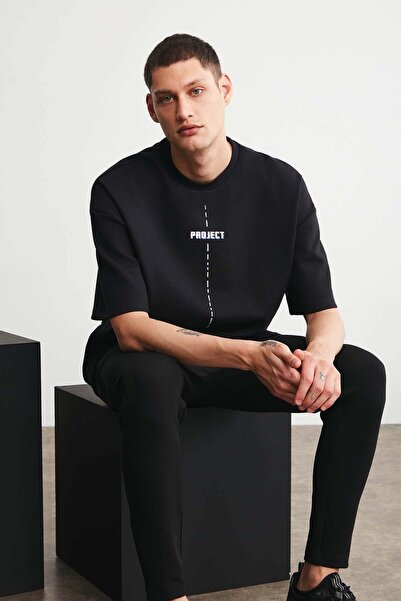 Project Men's Print Detailed Oversize Fit 100% Organic Cotton Knitted Crew Neck Knitted Black T-shirt