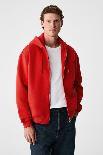 ASHBY Men's Hooded Zipper Pocket Cord Boxy Fit Red Sweatshirt