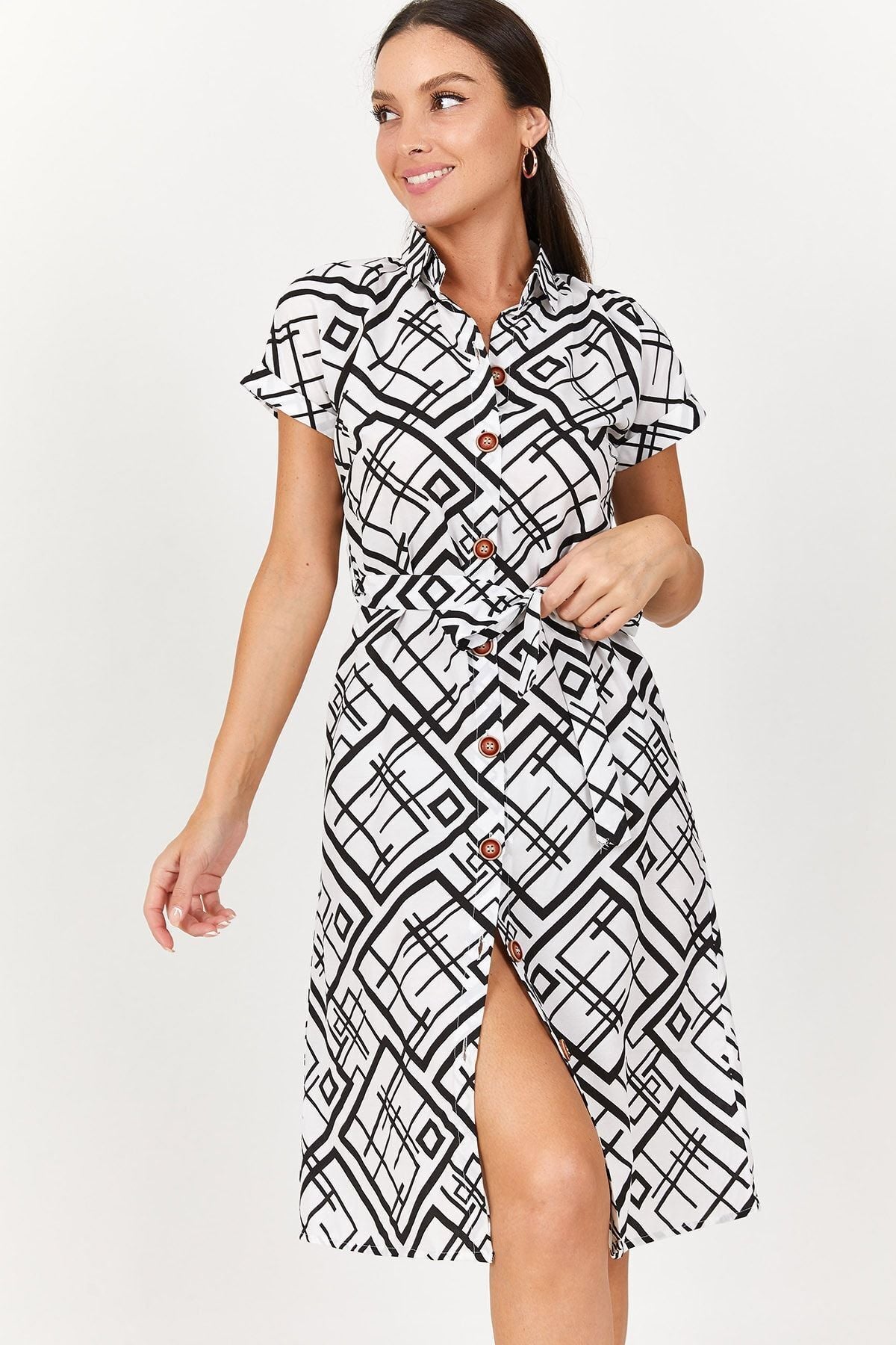 Women's White Square Pattern Tie Waist Belted Short Sleeve Shirt Dress ARM-22Y001084