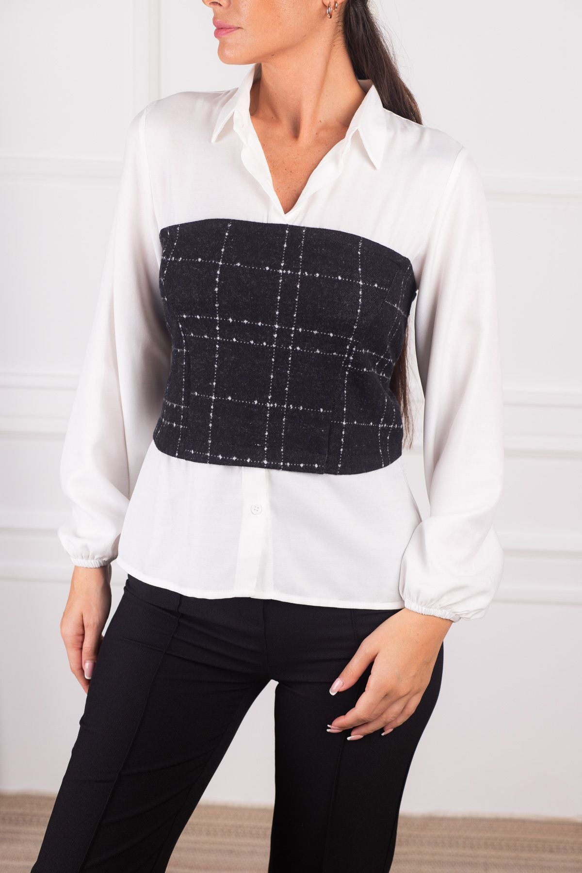 Women's White Corset Detailed Gathered Waist Long Sleeve Shirt ARM-24K001012