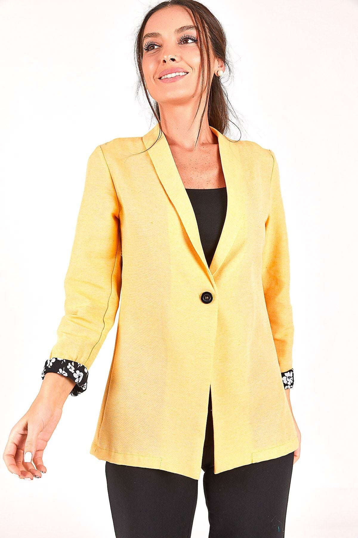 Women's Yellow Sleeve Flowered Single Button Jacket ARM-22Y001075
