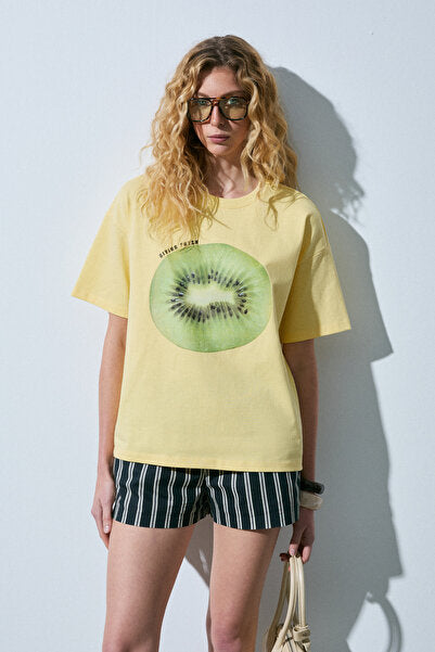 ASTERIVE Women's Organic Cotton Printed Crew Neck Oversized Yellow T-Shirt