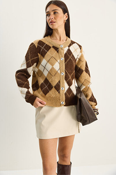 Women's Diamond Patterned Crew Neck Jacquard Cardigan 4922 60283759