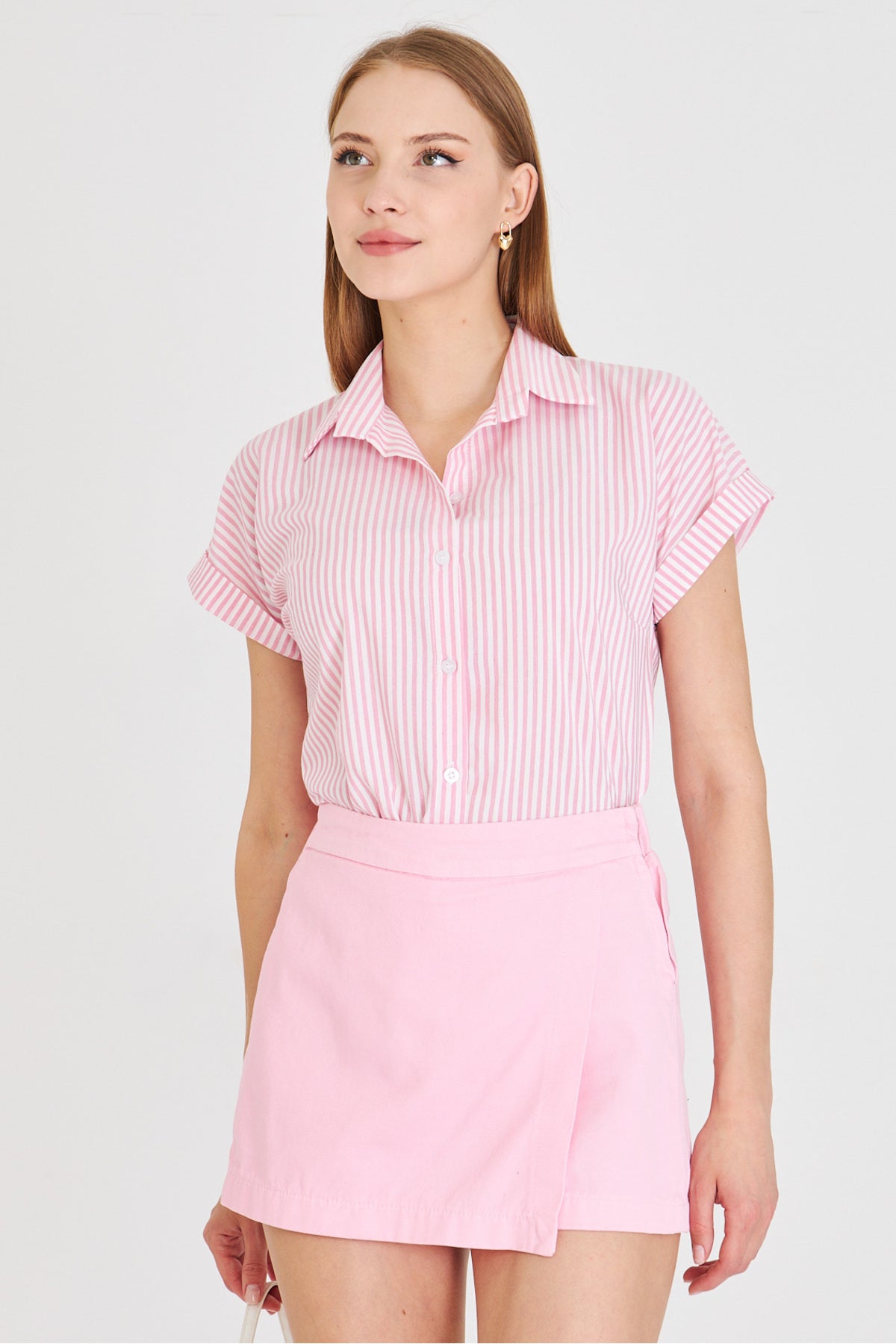 Women's Pink Striped Short Sleeve Shirt ARM-25Y001059