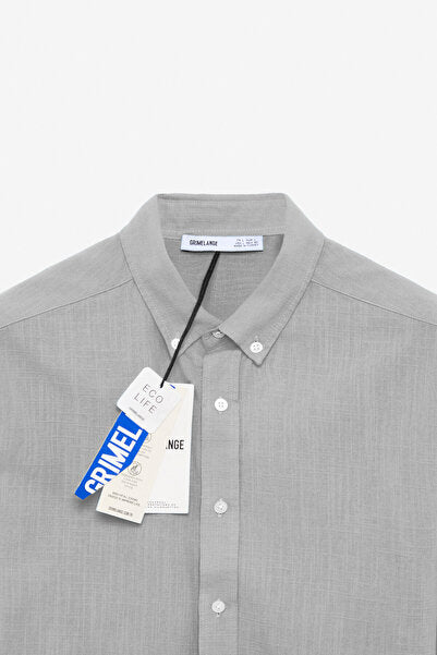 Perttu Men's 100% Cotton Slim Fit Narrow Cut Button Collar Linen Look Flared Gray Shirt