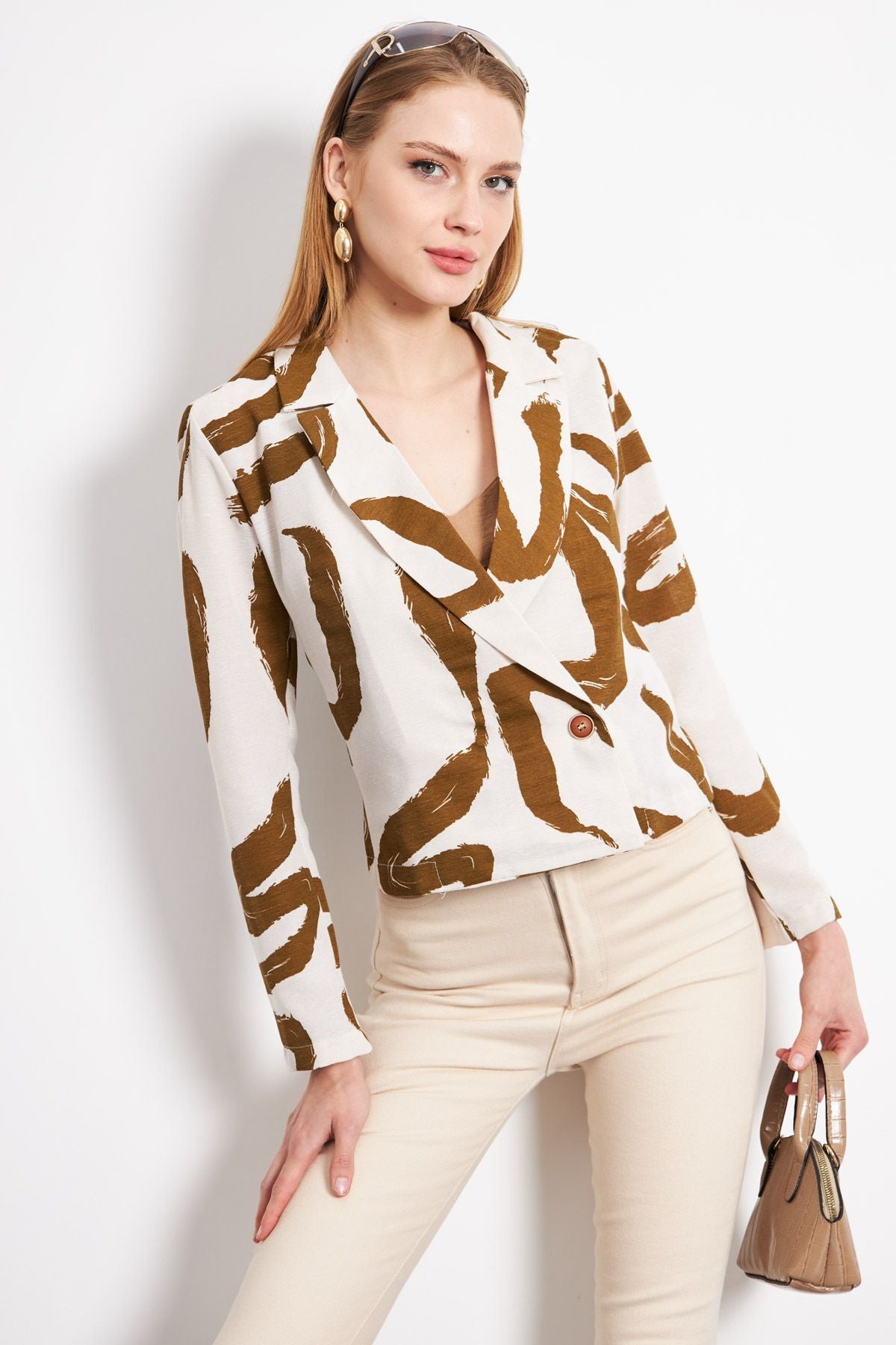 Women's Dark Khaki Double Breasted Collar Patterned Crop Jacket ARM-24Y001058
