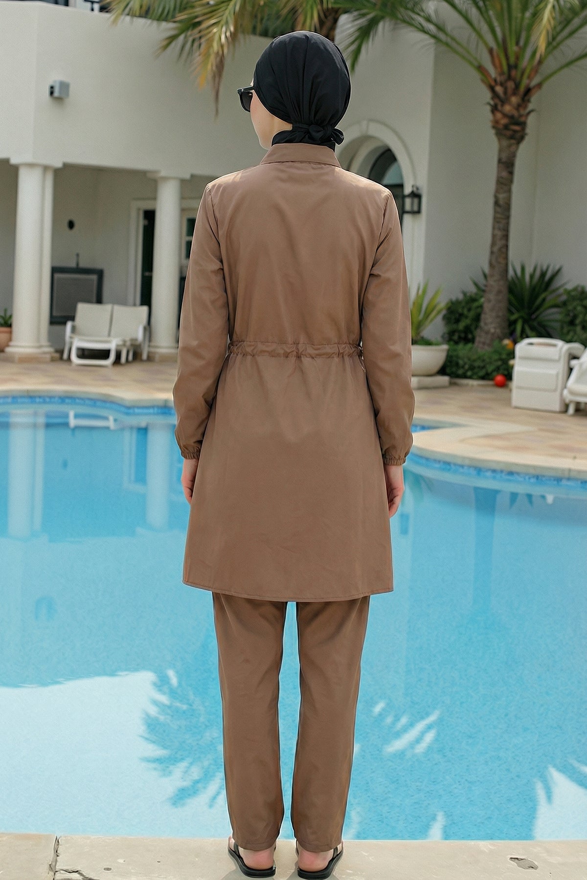 Set of 2 (Top-Bottom) Tie Waist Shirt Collar Zippered Burkini Quick Drying Hijab Swimsuit