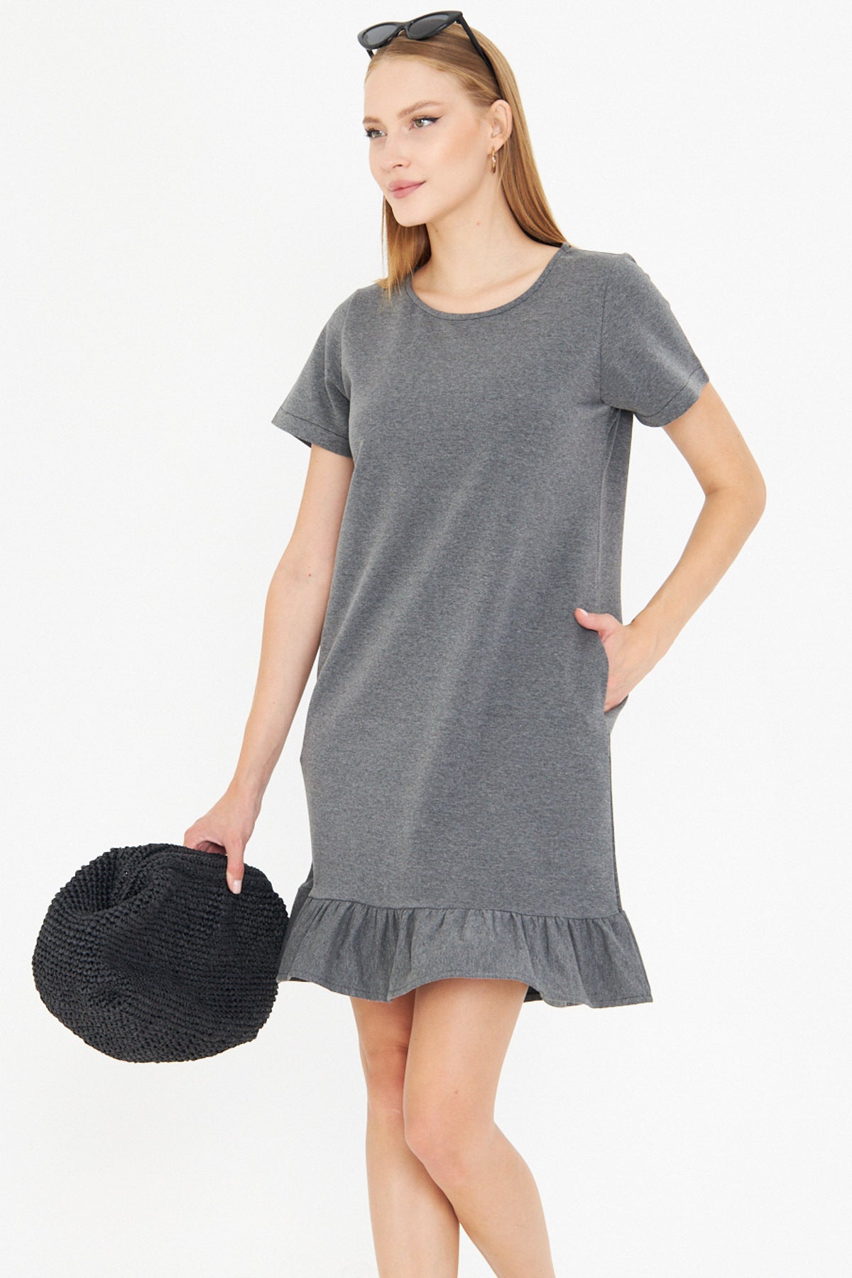 Women's Anthracite Short Sleeve Six Ruffle Dress ARM-20Y001032