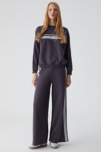 Pulse Women's 100% Cotton Lace Detailed Wide Leg Double Pocket Purple Sweatpants