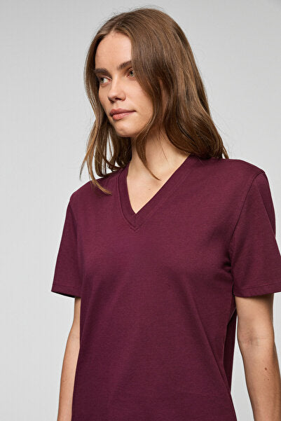 ALINE Women's 100% Organic Cotton Deep V-Neck Comfort Fit Claret Red T-Shirt