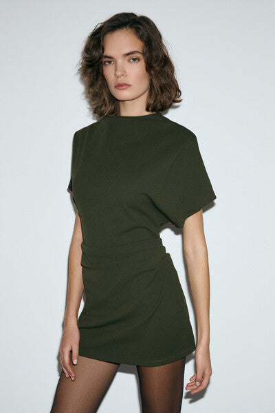 MAXINE Women's Short Sleeve Mini Khaki Dress with Pleat Detail on Shoulders and Waist, High Collar, Zipper