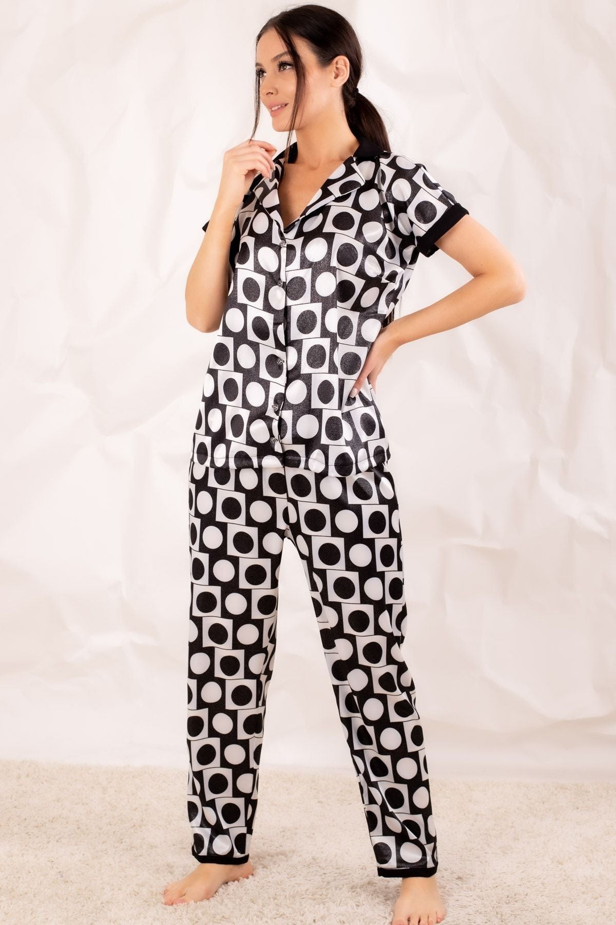 Women's Black Large Polka Dot Collar Satin Pajama Set ARM-20Y001015
