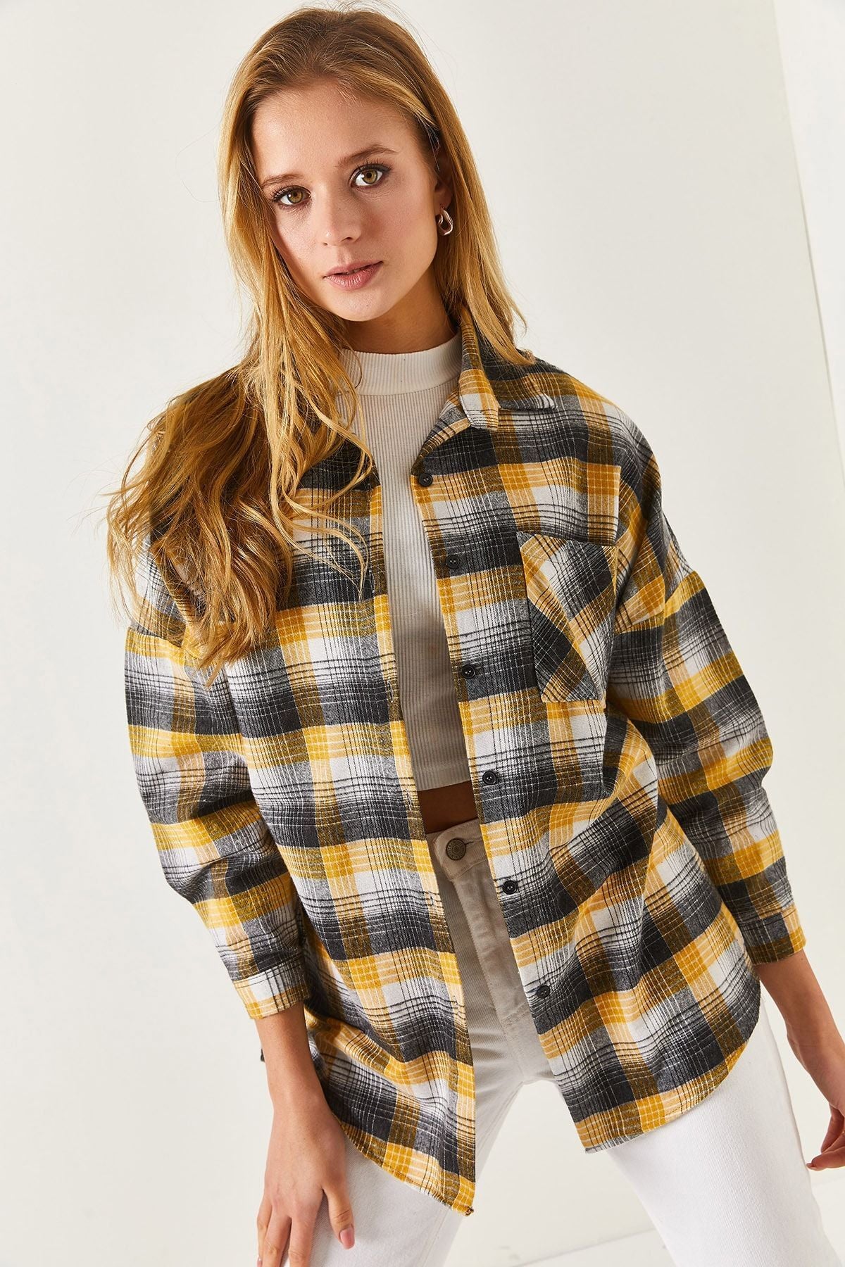Women's Yellow Plaid Pattern Oversize Shirt Arm-22y001207