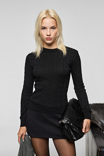 QUERIDA Women's Round Neck Braided Regular Fit Knitwear Black Sweater