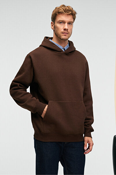 AMOS Men's Soft Fabric 3 Thread Oversize Hooded Kangaroo Pocket Bitter Brown Sweatshirt