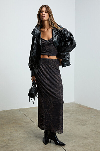 BEULAH Women's Maxi Length Slim Fit Elastic Waist Tulle Batik Patterned Black-Leopard Patterned Skirt