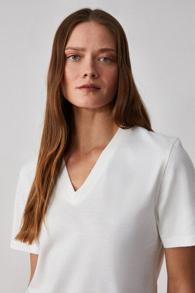 ALINE Women's 100% Organic Cotton Deep V-Neck Comfort Fit White T-Shirt