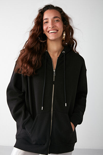 Alena Women's Basic Kangaroo Pocket Oversize Organic Cotton Zipper Hooded Black Sweatshirt