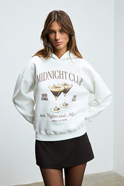 LUKKIS Women's Soft Fabric Embroidered Hooded Ecru Sweatshirt