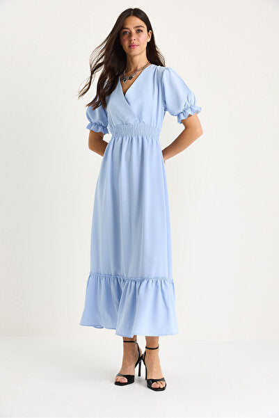 Women's Double Breasted Collar Waist Gipe Detailed Sleeves Elastic Dress 5246 60281076