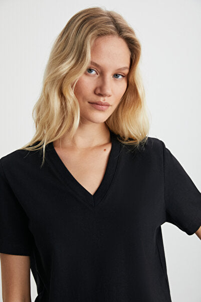 Aline Women's 100% Organic Cotton Deep V-Neck Comfort Fit Black T-shirt