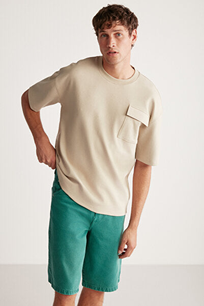 Artur Men's Thick Special Textured Fabric Beige T-shirt with Pockets