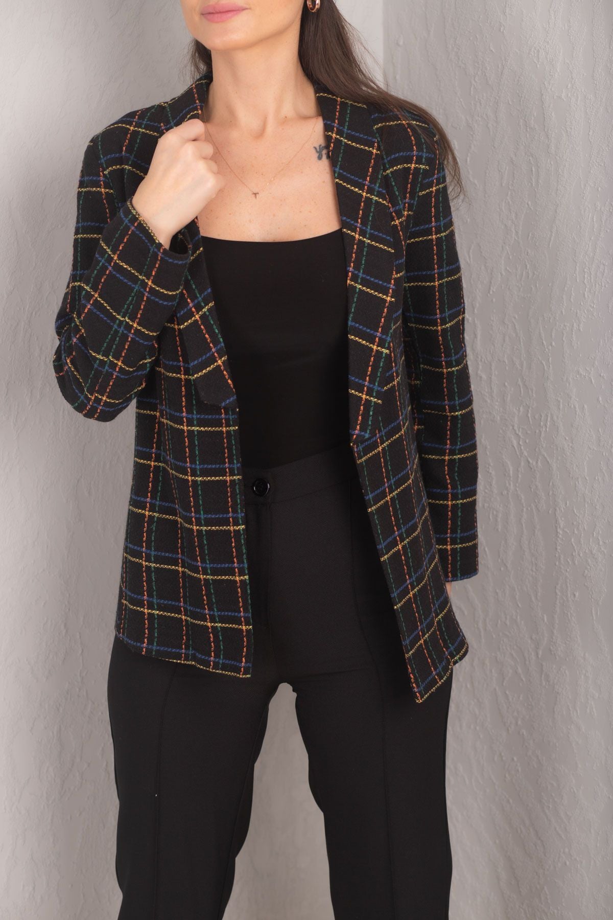 Women's Yellow Shawl Collar Plaid Pattern Tweed Jacket ARM-24K001048