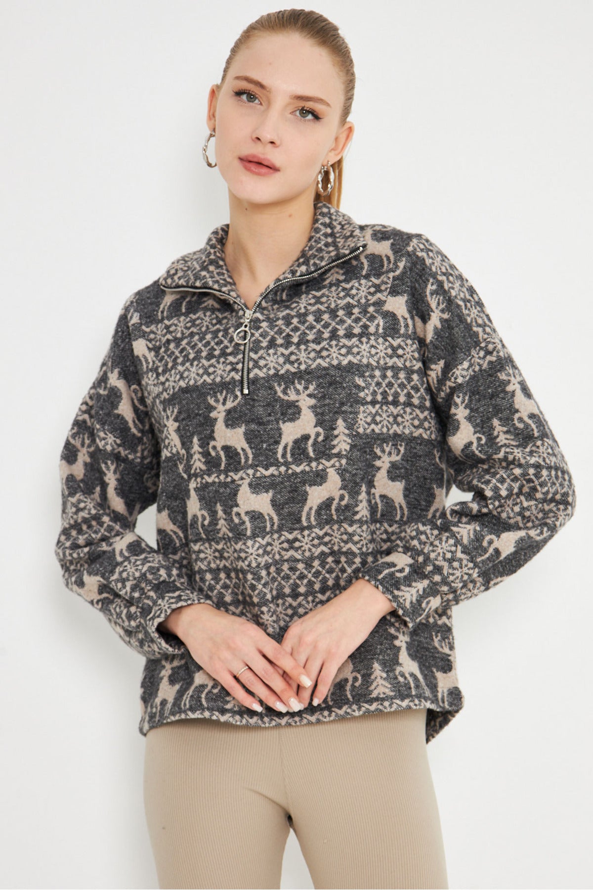 Women's Anthracite Turtleneck Sweatshirt with Zipper Collar ARM-25K001056