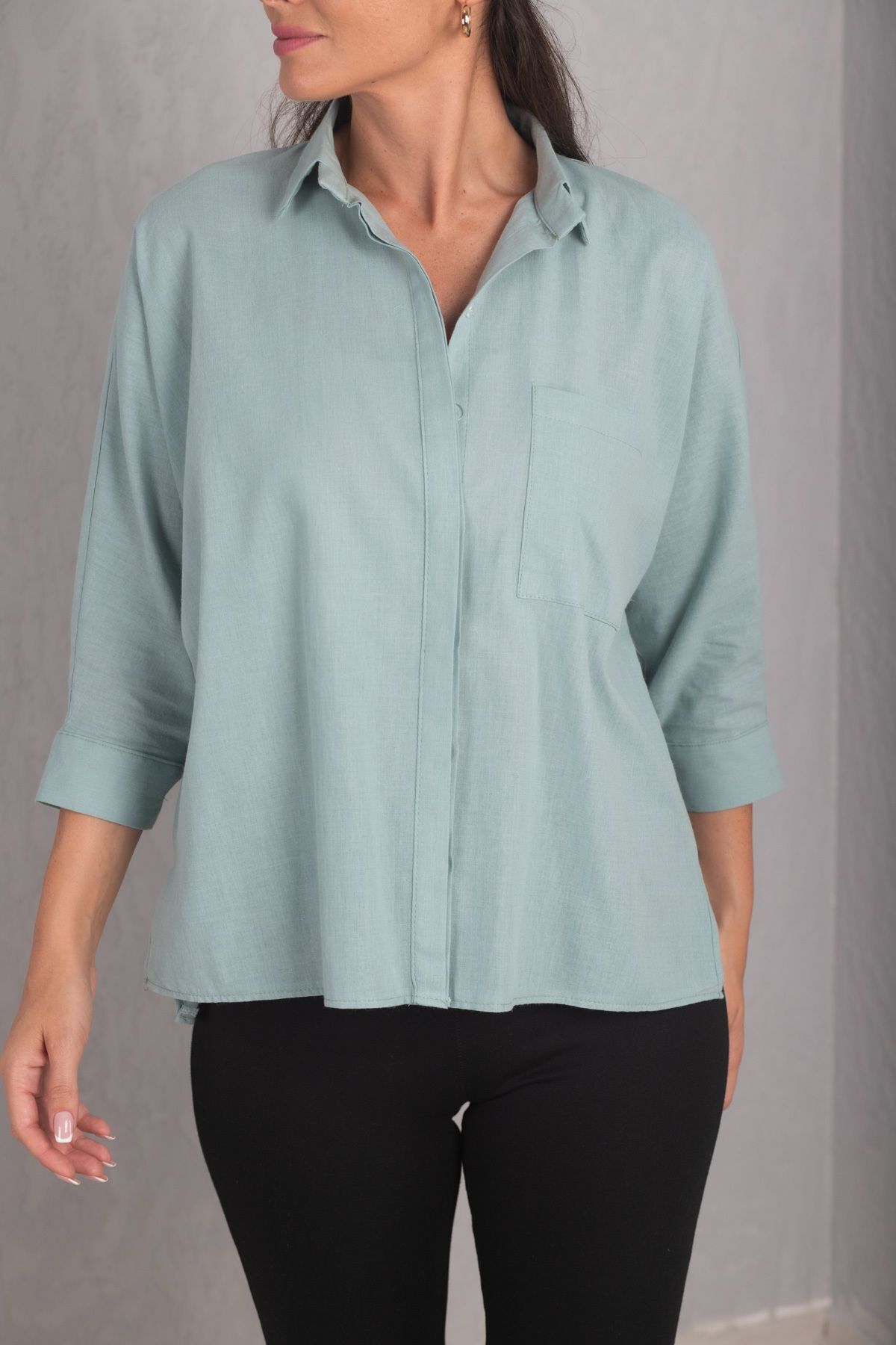 Women's Turquoise POCKET SALAŞ LINEN SHIRT ARM-21Y001035
