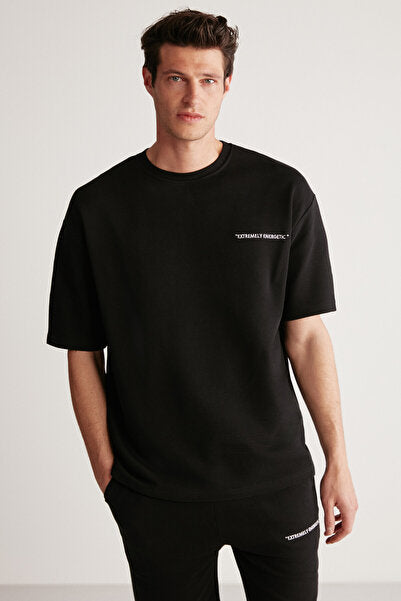 Colombia Men's 2-Piece Set Comfort Fit Casual Mold Text Embroidered Black Tracksuit Without Ribbon