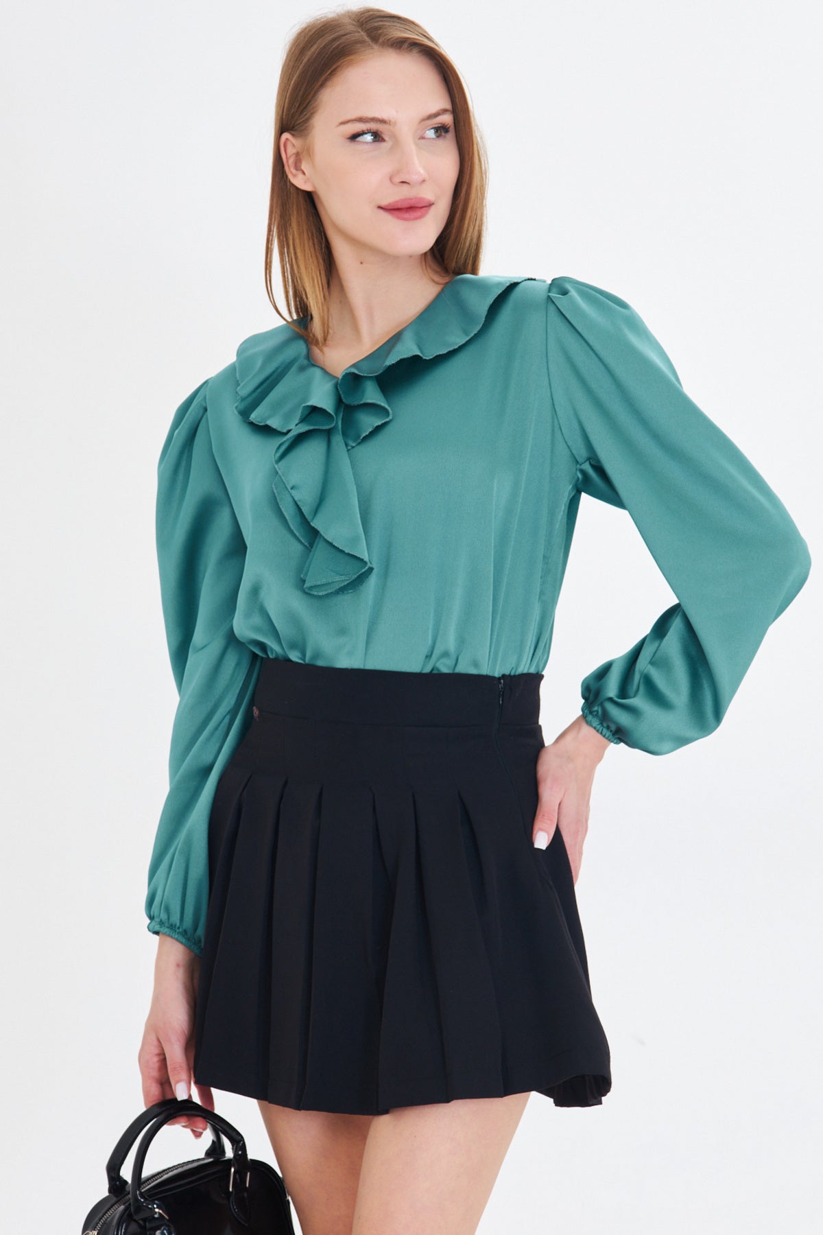 Women's Turquoise Collar Frilled Shoulder Gathered Sleeve Elastic Cotton Satin Blouse ARM-22K001059