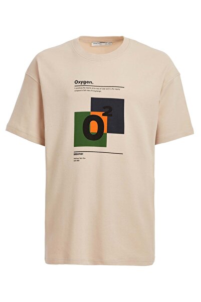 Prismatic Men's 100% Organic Cotton Special Thick Textured Breathable Oversize Printed Beige T-shirt