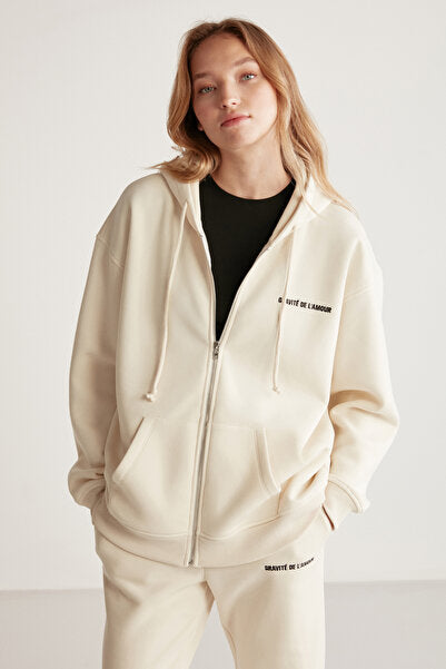 Ametıs Women's Oversize Organic Cotton Metal Zipper Hooded Vanilla Sweatshirt