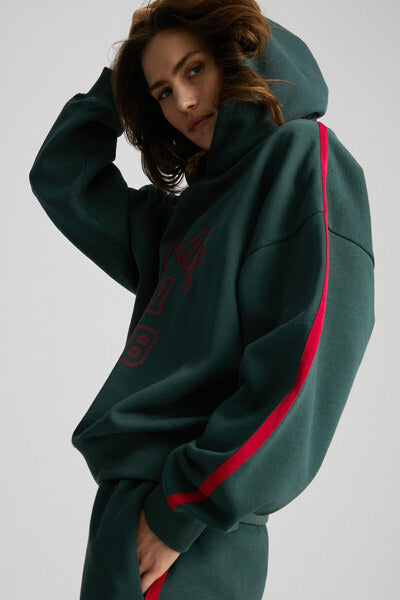 Possıbılity Women's Embroidered Printed Hooded Green Sweatshirt