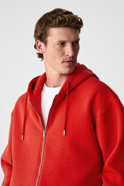 ASHBY Men's Hooded Zipper Pocket Cord Boxy Fit Red Sweatshirt