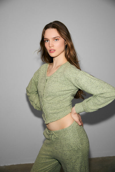 CLARITA Women's Soft and Flexible Fabric Buttoned Crop Green Cardigan