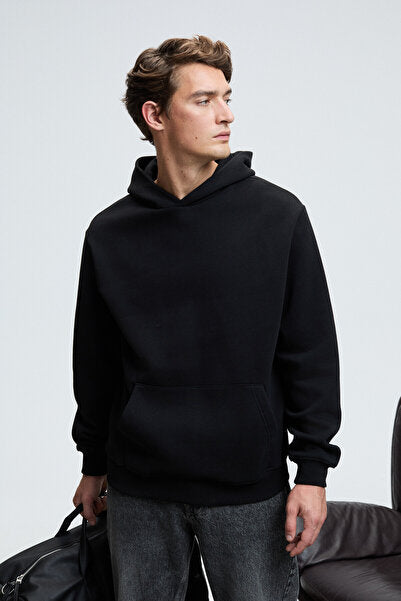 AMOS Men's Soft Fabric 3 Thread Oversize Hooded Kangaroo Pocket Black Sweatshirt