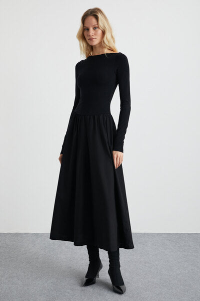 Pani Women's Maxi Length Skirt Part Woven Poplin Flared Top Part Flexible Viscose Elastane Stylish Black Dress