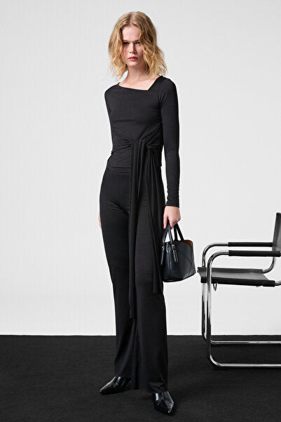 LORELIS Women's Stretchy Fabric Wide Leg Black Trousers with Stitching Detail