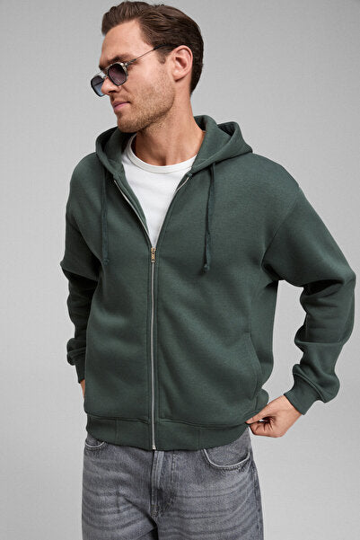 ASHBY Men's Hooded Zippered Pocket Corded Boxy Green Sweatshirt
