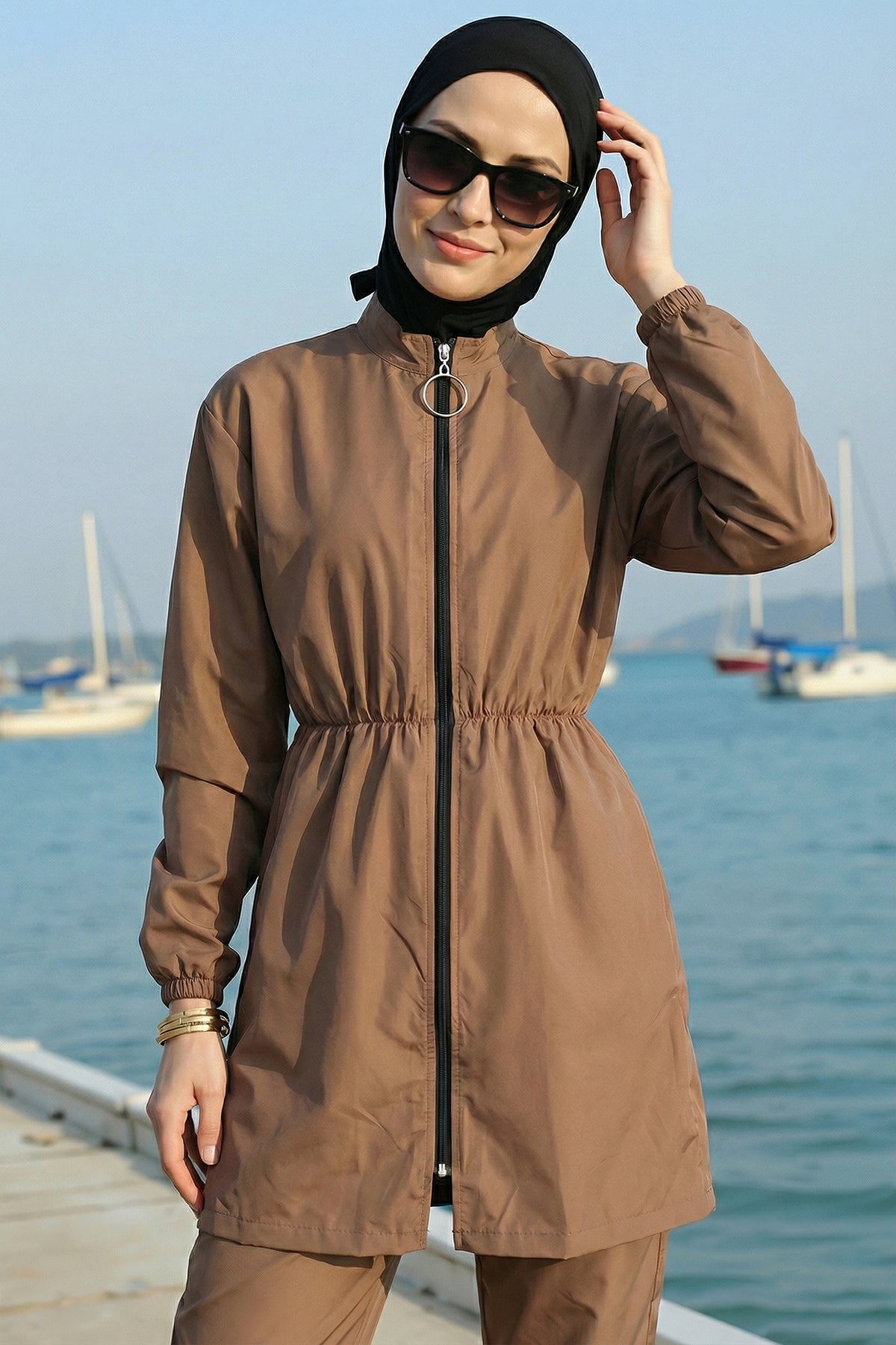 Set of 2 (Top-Bottom) Elastic Waist Magnetic Collar Burkini Quick Drying Hijab Swimsuit