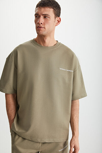 Colombia Men's 2-Piece Set Comfort Fit Relaxed Mold Text Embroidered Khaki Tracksuit Set Without Ribbon