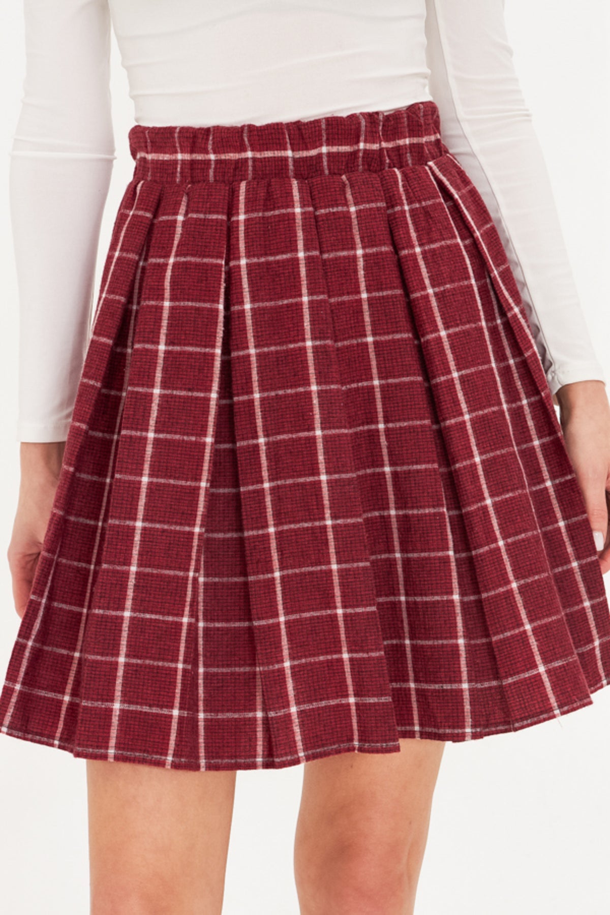 Women's Dark Claret Red Plaid Short Flared Skirt ARM-22K001014